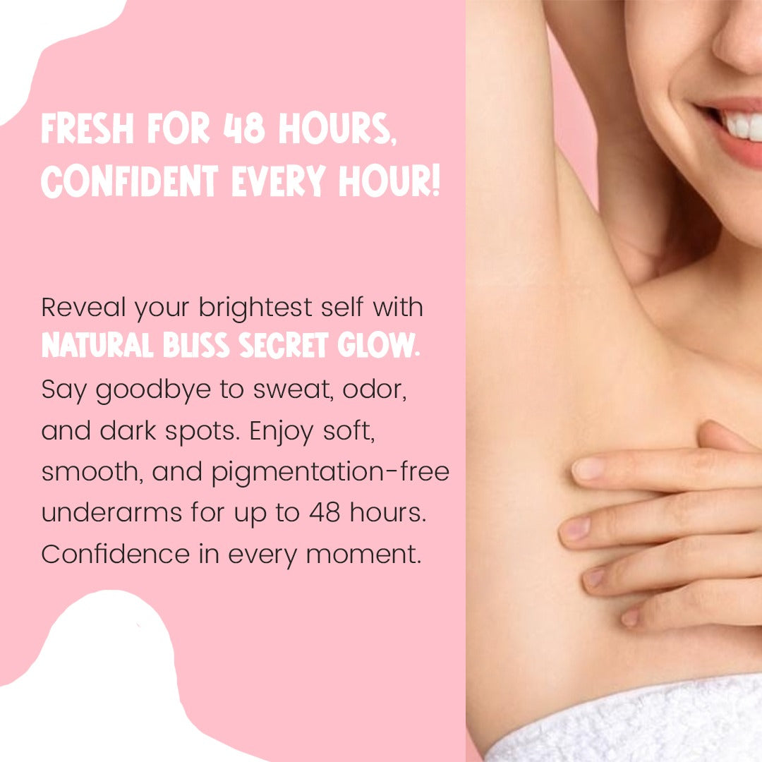 Secret Glow- Underarm Brightening and Odor Control 🌸 Minimizes sweat odor 🕒 Provides 24-hour odor control ✨ Lightens dark private parts 🌿 Ensures all-day freshness